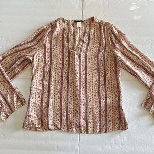 J Crew 100% Silk Pink Floral Split V Neck Boho Blouse LARGE